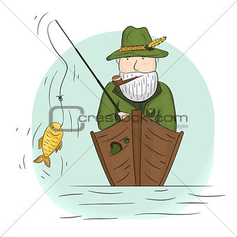 Fisherman in a boat with a fishing rod.