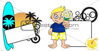 kid surfer expression cartoon copyspace flowers