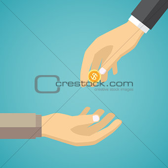 Hand giving golden coin to another hand.
