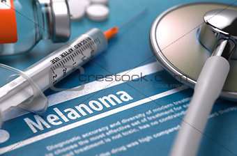 Melanoma. Diagnosis on Blue Background.