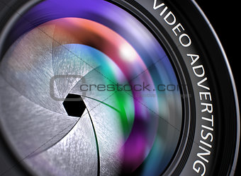 Video Advertising on Black Digital Camera Lens. Closeup.