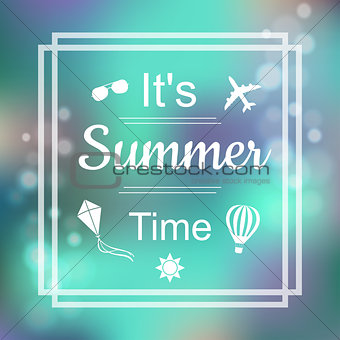 Summer Design. Summer Time blue card design with a textured abstract background and text in square frame, vector illustration.