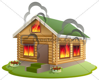 Wooden house fire. Wooden home burning. Insurance of property