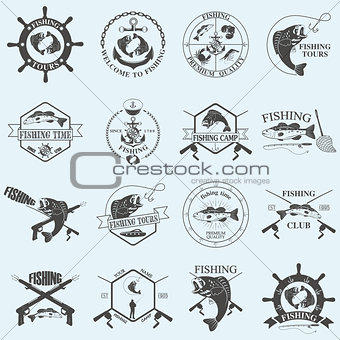 Set of vintage fishing labels, badges and design elements.