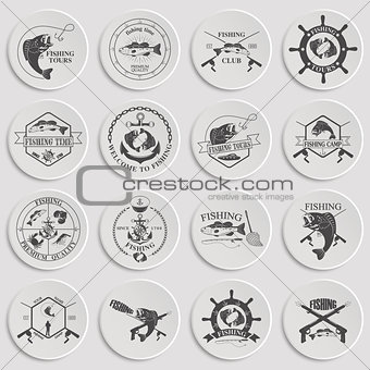 Set of vintage fishing labels, badges and design elements.