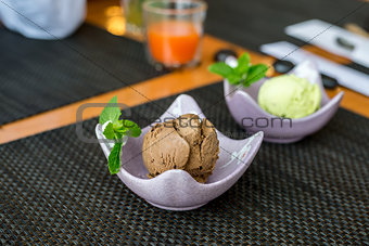 Pistachio and chocolate ice cream in  restaurant