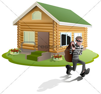 Thief robbed house. Man robber running with bag. Property insurance