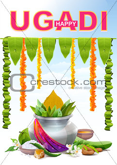 Happy Ugadi. Template greeting card for holiday Ugadi. Silver pot