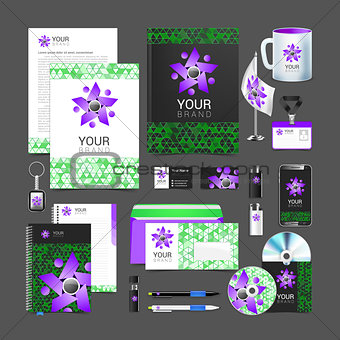 set of corporate identity elements green black purple color people