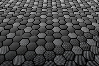 Hexagons tiled textured surface. Perspective view. 
