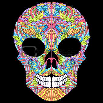 floral skull on black background.