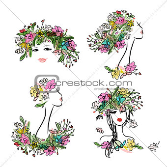 Female face with floral hairstyle for your design