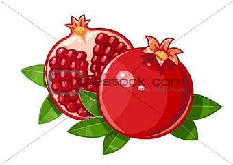 Couple juicy ripe pomegranate fruit stylized leaf