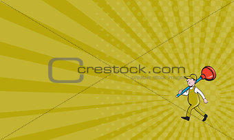 Business card Plumber Carrying Plunger Walking Isolated Cartoon