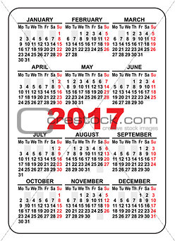 Pocket calendar 2017. First day Monday