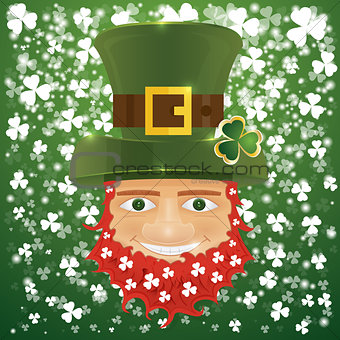 Portrait of Leprechaun. Irish man with clover leaves and hat. St
