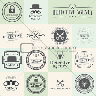 Label badges and stamps set for detective agency.