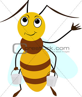 Bee cartoon smiling with two buckets