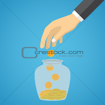 Businessman hand throwing a glass jar gold coin.