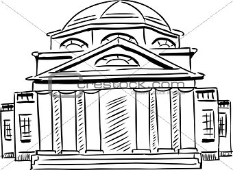 Outlined neoclassical building with obscured doorway