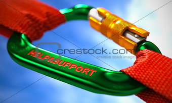 Green Carabiner Hook with Text Help and Support.