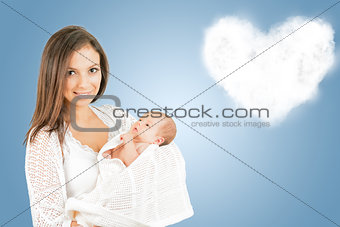 Portrait of mother with newborn baby  with cloud background 