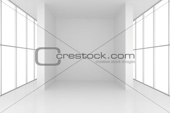 Room with windows and white columns. 3d render