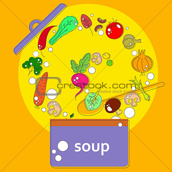 pan with open lid, which cooks vegetarian soup vegetables on the background ladle