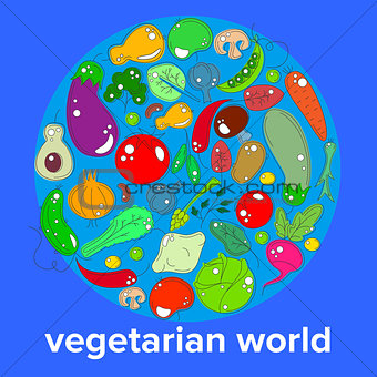 the concept of the day vegetarian - a range of vegetables and fruits on the background of the world globe