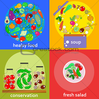 set of vegetables concept cards in outline with colour