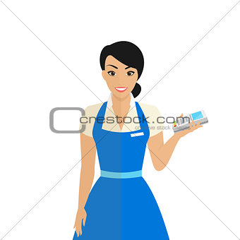 Friendly female shop assistant holding payment terminal in her hand