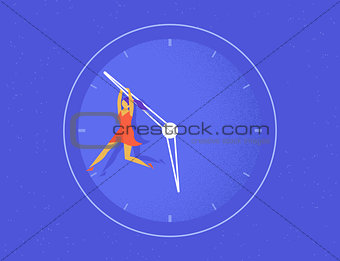 Woman hangs on the big arrow of life watch