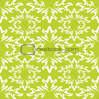 seamless background. Green wallpaper with white leaf pattern