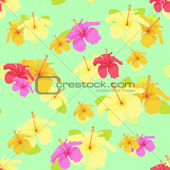 beautiful hibiscus flower on green. vector illustration seamless