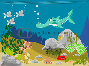Prehistoric Fish and Shark Swimming