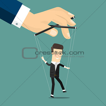 Businessman marionette on ropes controlled hand.  Business concept cartoon illustration