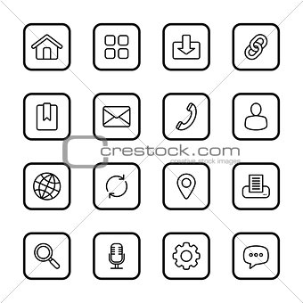 black line web icon set with rounded rectangle frame