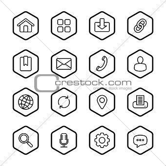 black line web icon set with hexagon frame