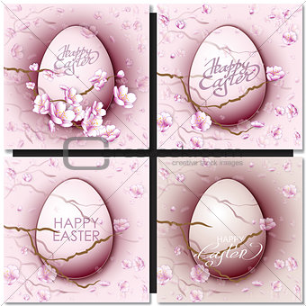 Easter set with easter eggs on pink background.