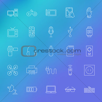 Electronic Gadgets Line Icons Set over Blurred Background