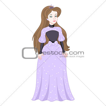 Beautiful brunette princess in womanly lilac dress with spangles