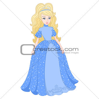 Blonde princess in shine blue dress with spangles