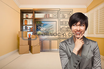 Mixed Race Female In Room With Drawing of Entertainment Unit