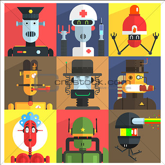 Cartoon Robots Of Different Professions