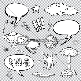 A set of comic bubbles and elements with halftone shadows