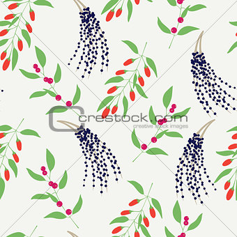 Seamless plant background. Endless vector pattern with colorful branches camu camu, goji and acai