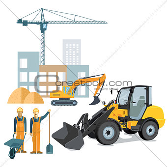 Construction site with crane and wheel loader