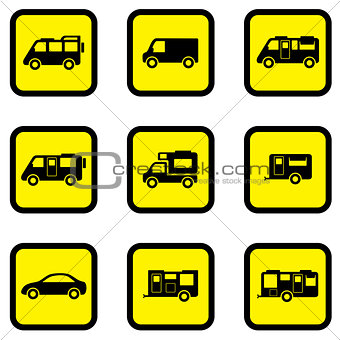 camper car yellow icon set
