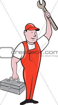Mechanic Raising Wrench Holding Toolbox Cartoon