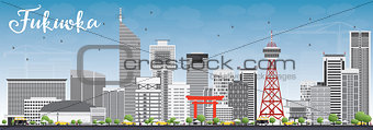 Fukuoka Skyline with Gray Landmarks and Blue Sky. 